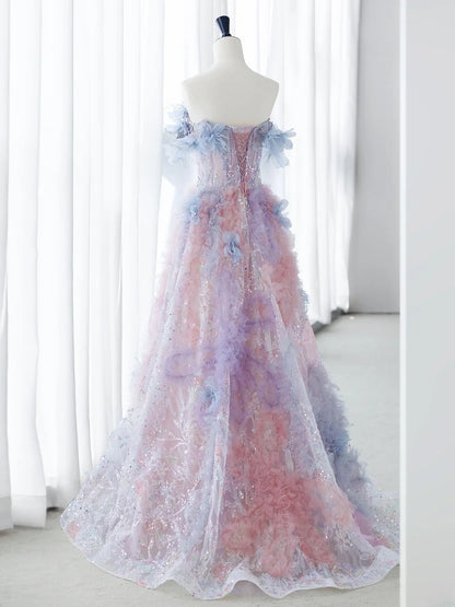 Cute Long Prom Dresses Ball Gown Strapless Floral Tulle Senior Formal Dress Ideas Graduation Gown MP248