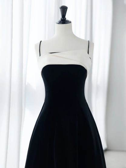 Simple Prom Dresses Long A-Line Spaghetti Straps Black Ruffles Long Satin Graduation Formal Dress MP249