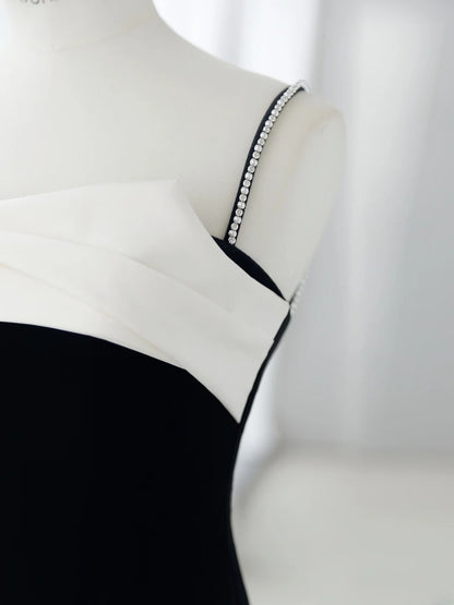 Simple Prom Dresses Long A-Line Spaghetti Straps Black Ruffles Long Satin Graduation Formal Dress MP249