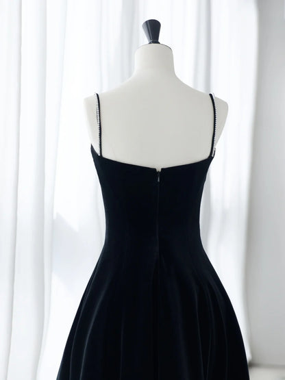 Simple Prom Dresses Long A-Line Spaghetti Straps Black Ruffles Long Satin Graduation Formal Dress MP249