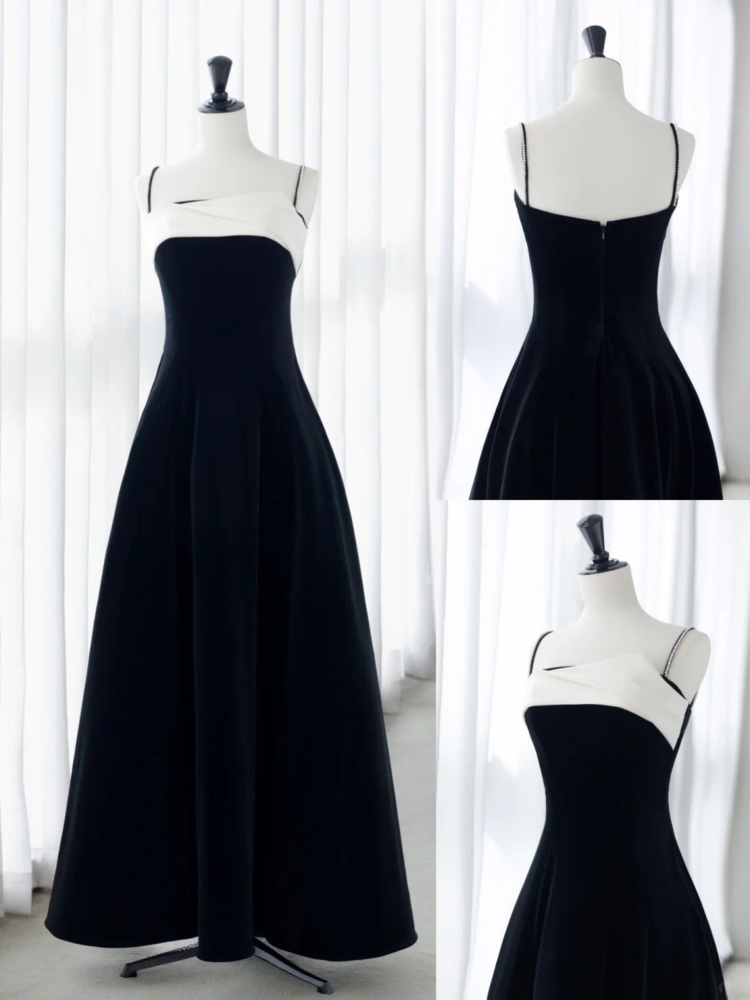 Simple Prom Dresses Long A-Line Spaghetti Straps Black Ruffles Long Satin Graduation Formal Dress MP249