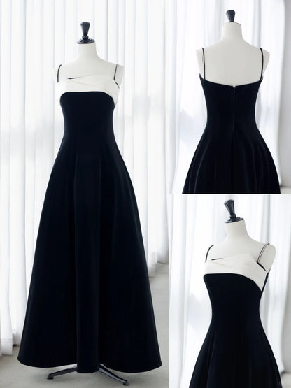 Simple Prom Dresses Long A-Line Spaghetti Straps Black Ruffles Long Satin Graduation Formal Dress MP249