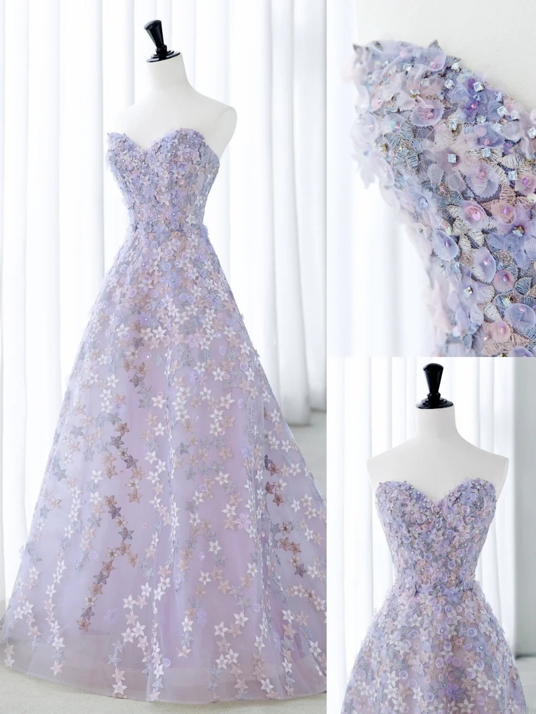 Cute Long Prom Dresses Ball Gown Sweetheart Lilac Floral Tulle Senior Formal Dress Ideas Graduation Gown MP249