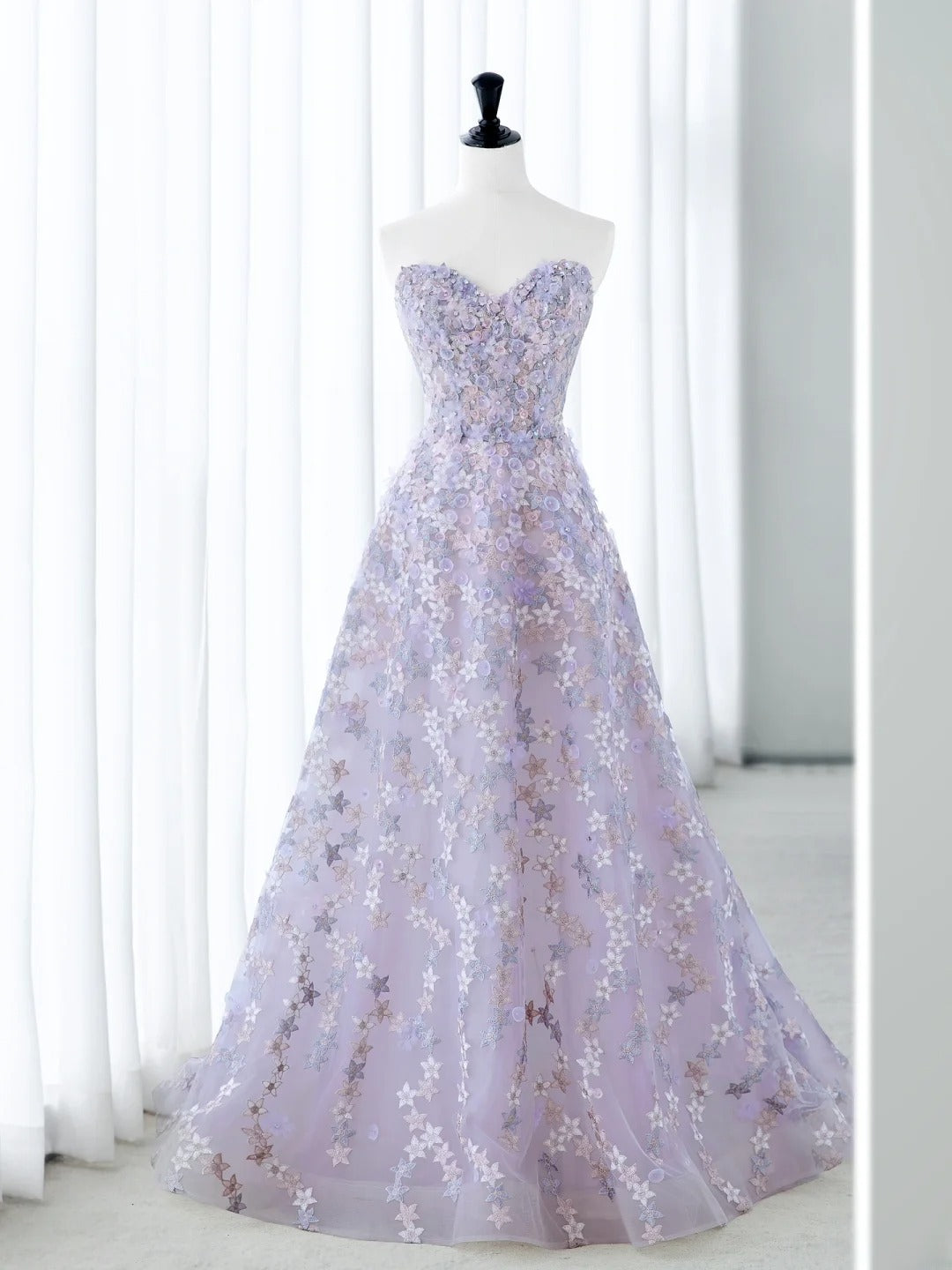 Cute Long Prom Dresses Ball Gown Sweetheart Lilac Floral Tulle Senior Formal Dress Ideas Graduation Gown MP249