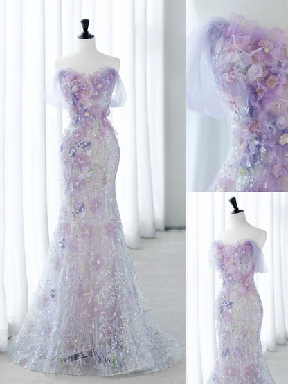 Classy Elegant Long Prom Dresses Mermaid Sweetheart Lilac Floral Tulle Senior Formal Dress Ideas Graduation Gown MP250