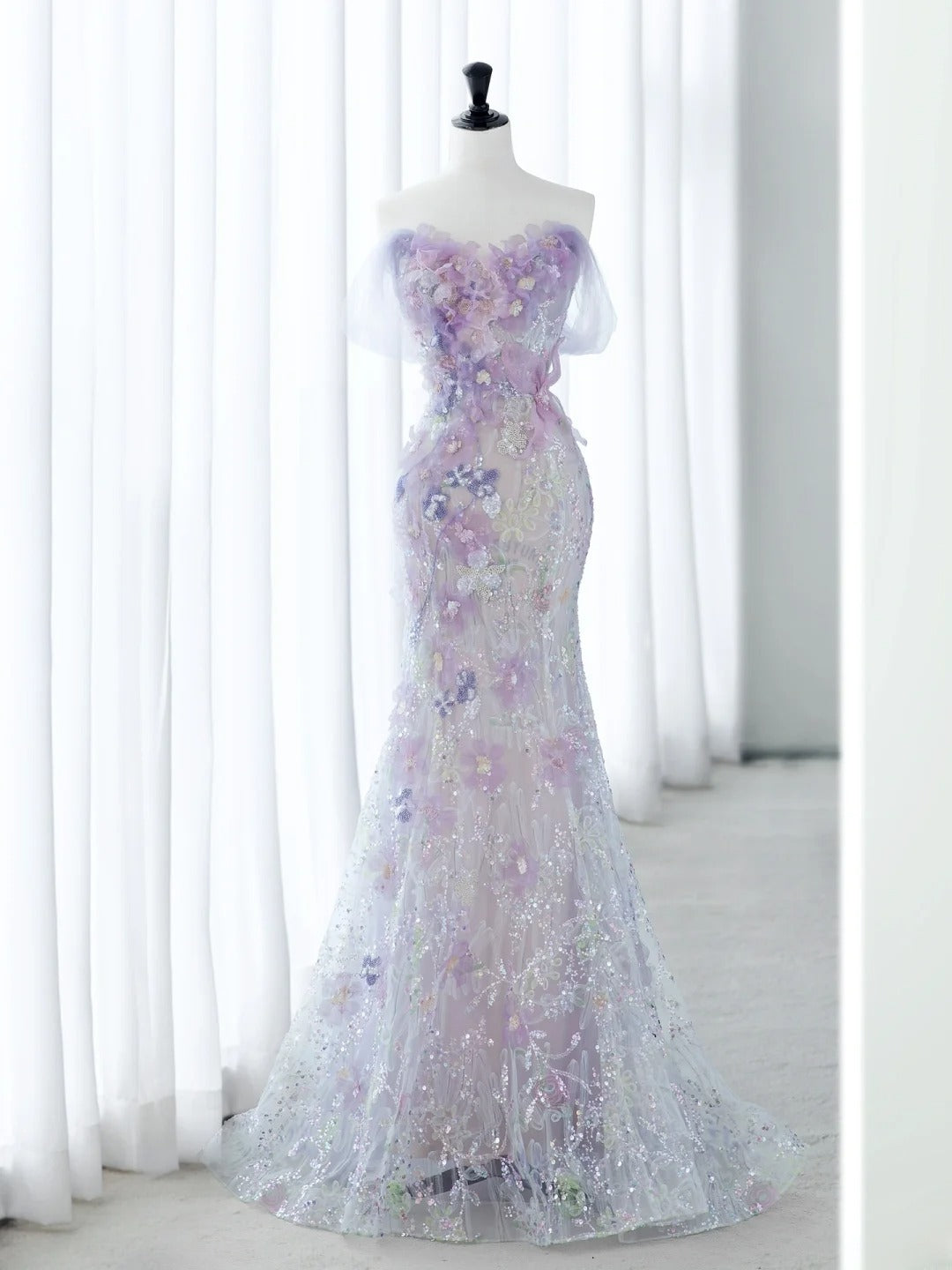 Classy Elegant Long Prom Dresses Mermaid Sweetheart Lilac Floral Tulle Senior Formal Dress Ideas Graduation Gown MP250