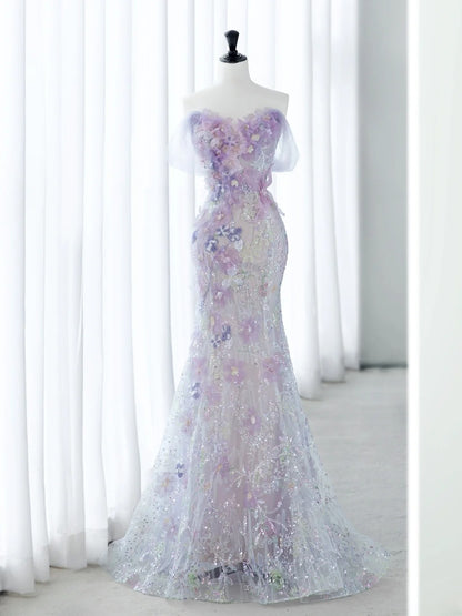 Classy Elegant Long Prom Dresses Mermaid Sweetheart Lilac Floral Tulle Senior Formal Dress Ideas Graduation Gown MP250