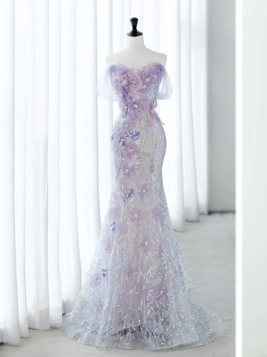 Classy Elegant Long Prom Dresses Mermaid Sweetheart Lilac Floral Tulle Senior Formal Dress Ideas Graduation Gown MP250
