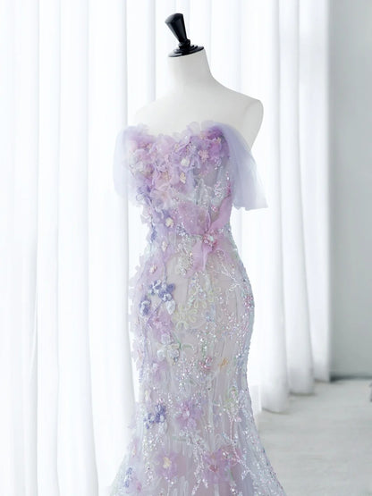 Classy Elegant Long Prom Dresses Mermaid Sweetheart Lilac Floral Tulle Senior Formal Dress Ideas Graduation Gown MP250