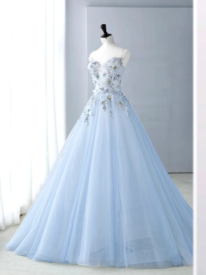 Sweet Long Quinceañera Dresses Ball Gown Sweetheart Light Sky Blue With Appliques Quince Dress MP251