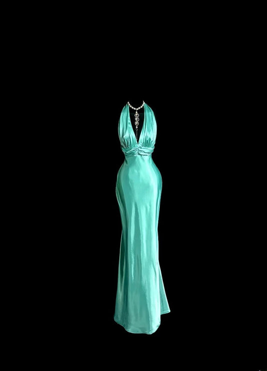 Modest Long Prom Dresses Mermaid V Neck Blue With Pleated Satin Formal Dress Graduation Gown MP384