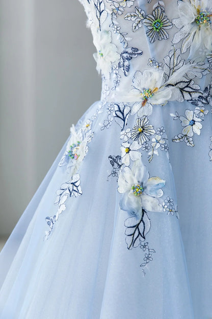 Sweet Long Quinceañera Dresses Ball Gown Sweetheart Light Sky Blue With Appliques Quince Dress MP251