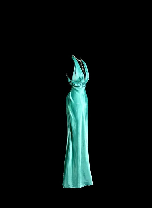 Modest Long Prom Dresses Mermaid V Neck Blue With Pleated Satin Formal Dress Graduation Gown MP384
