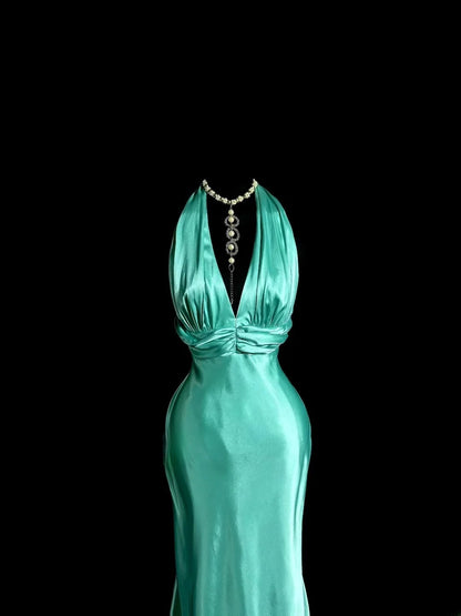 Bescheidene lange Ballkleider Meerjungfrau V-Ausschnitt Blau mit plissiertem Satin-Festkleid Abschlussballkleid MP384
