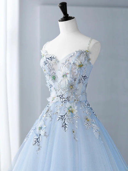 Sweet Long Quinceañera Dresses Ball Gown Sweetheart Light Sky Blue With Appliques Quince Dress MP251