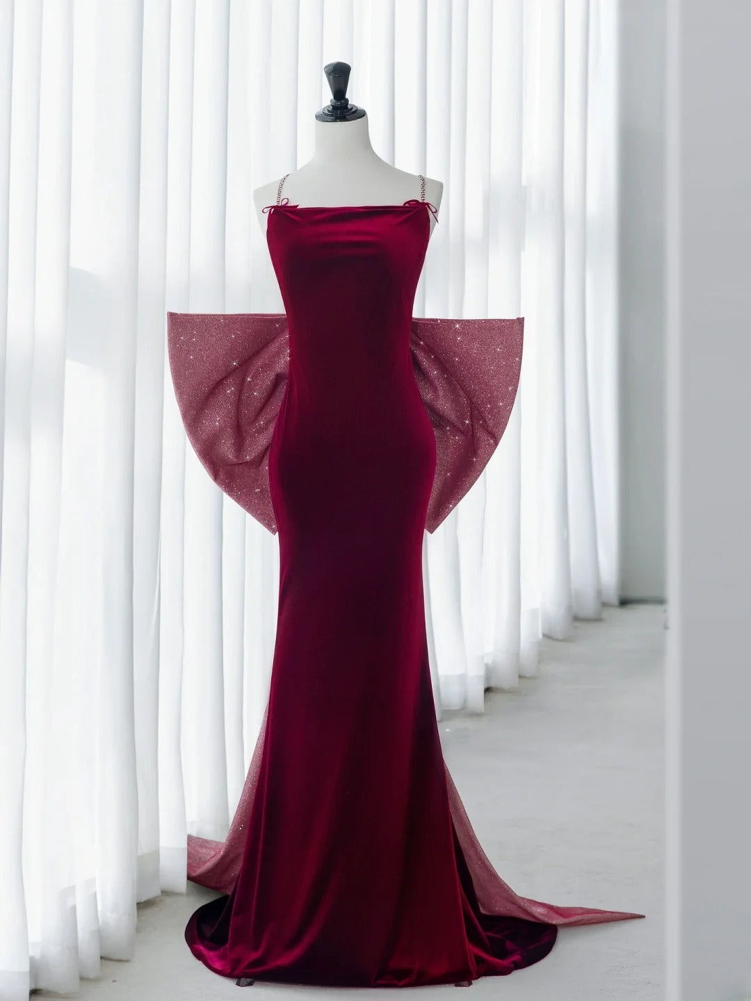 Simple Prom Dresses Long Mermaid Spaghetti Straps Velvet Burgundy With Bow-knot Graduation Formal Dress MP252