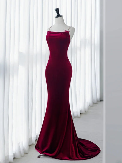 Simple Prom Dresses Long Mermaid Spaghetti Straps Velvet Burgundy With Bow-knot Graduation Formal Dress MP252