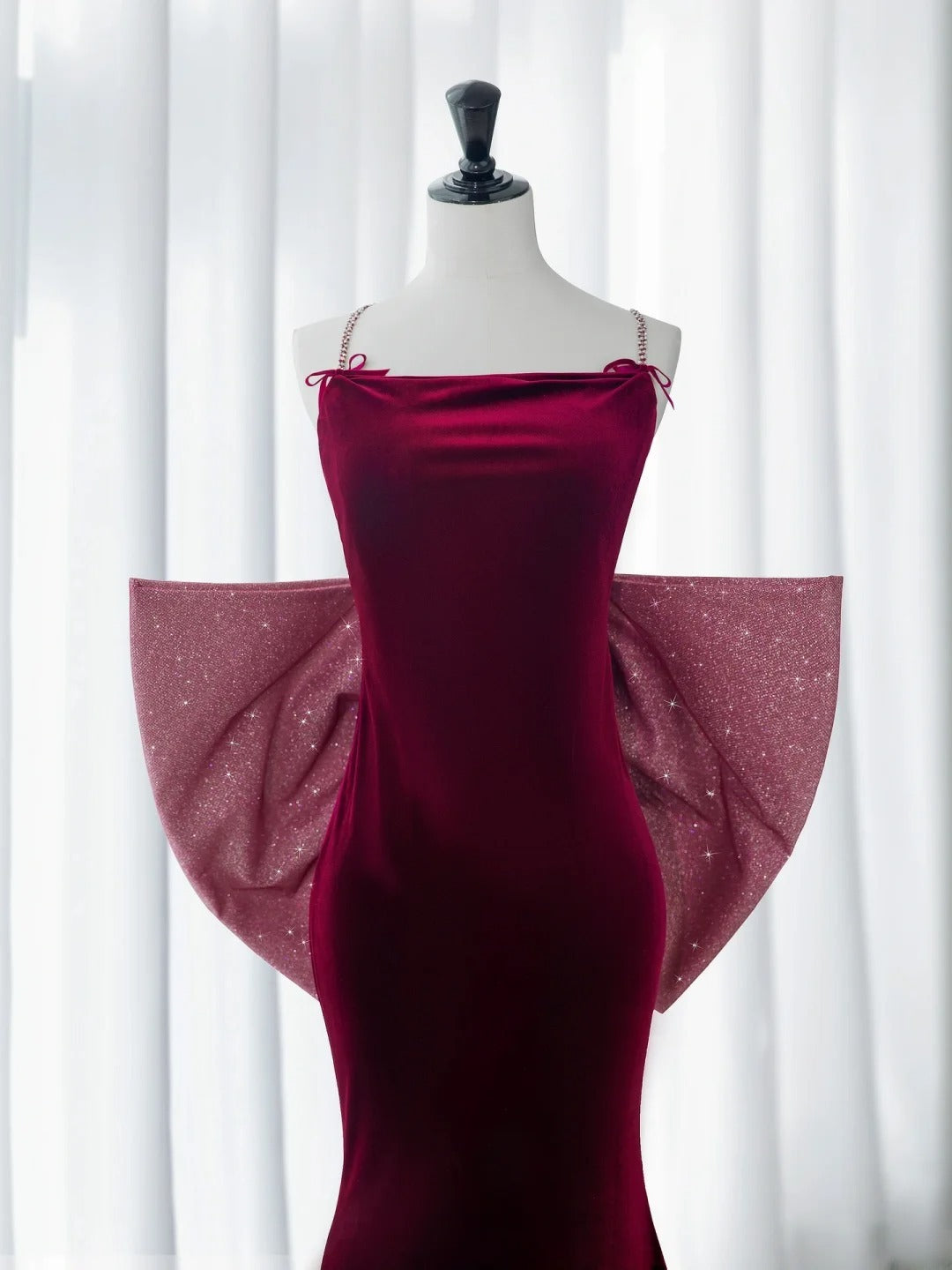 Simple Prom Dresses Long Mermaid Spaghetti Straps Velvet Burgundy With Bow-knot Graduation Formal Dress MP252