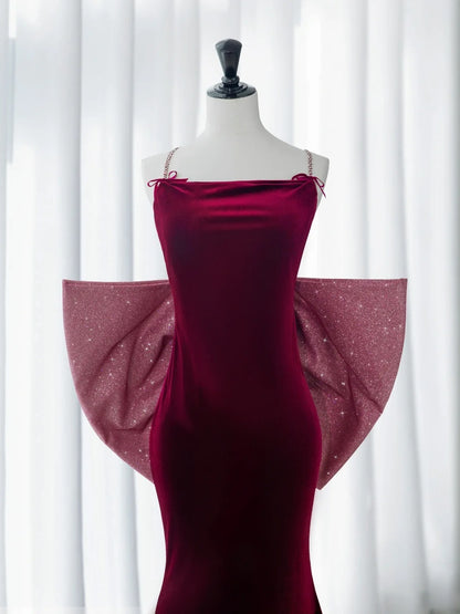 Simple Prom Dresses Long Mermaid Spaghetti Straps Velvet Burgundy With Bow-knot Graduation Formal Dress MP252
