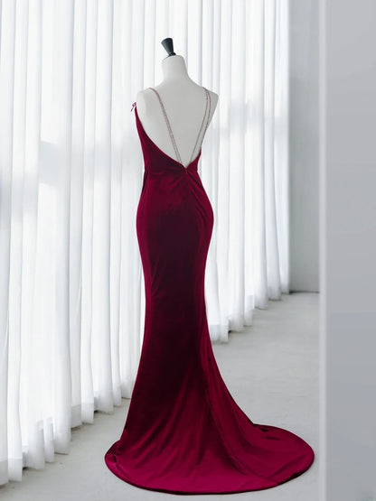 Simple Prom Dresses Long Mermaid Spaghetti Straps Velvet Burgundy With Bow-knot Graduation Formal Dress MP252