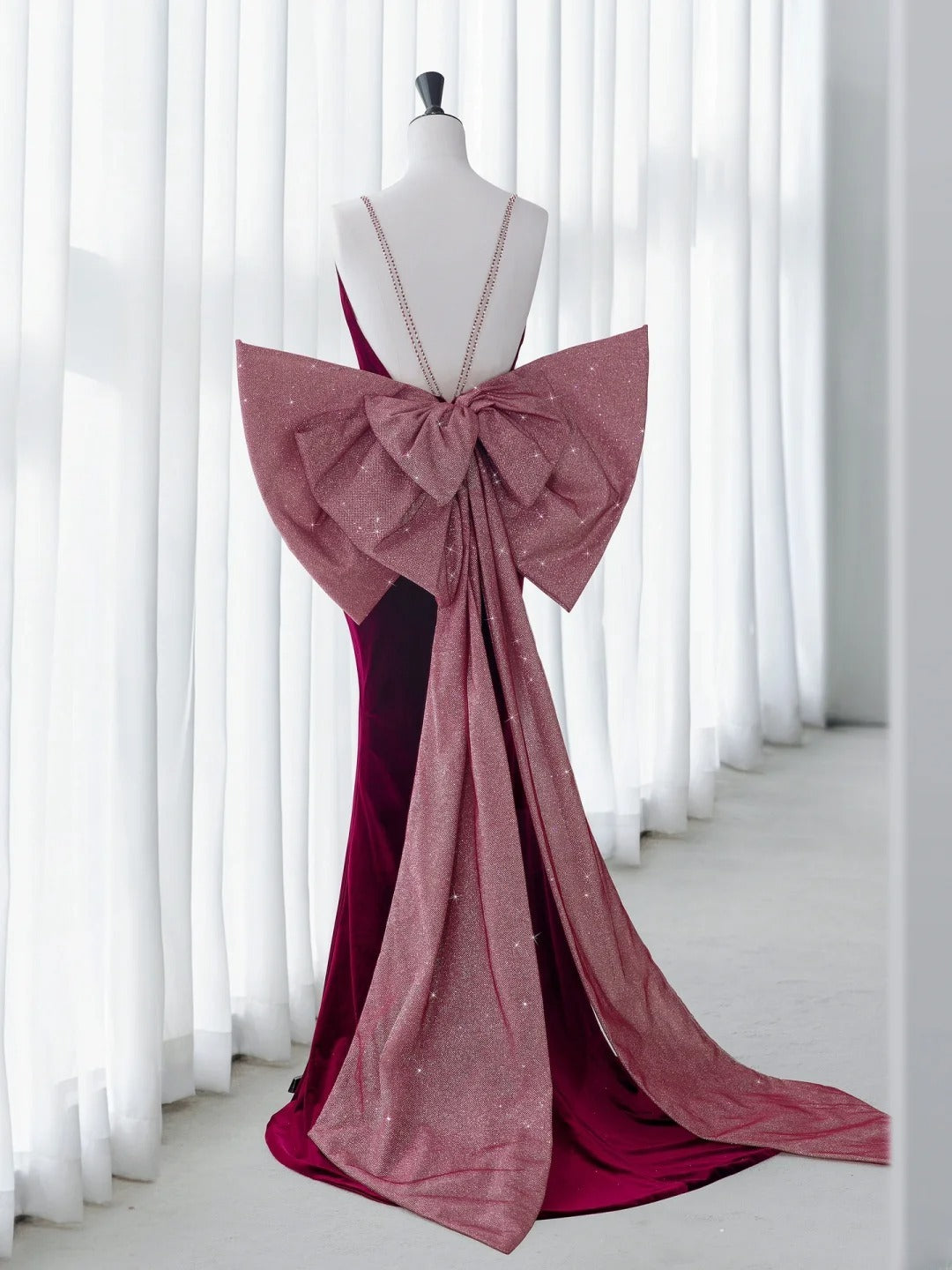 Simple Prom Dresses Long Mermaid Spaghetti Straps Velvet Burgundy With Bow-knot Graduation Formal Dress MP252