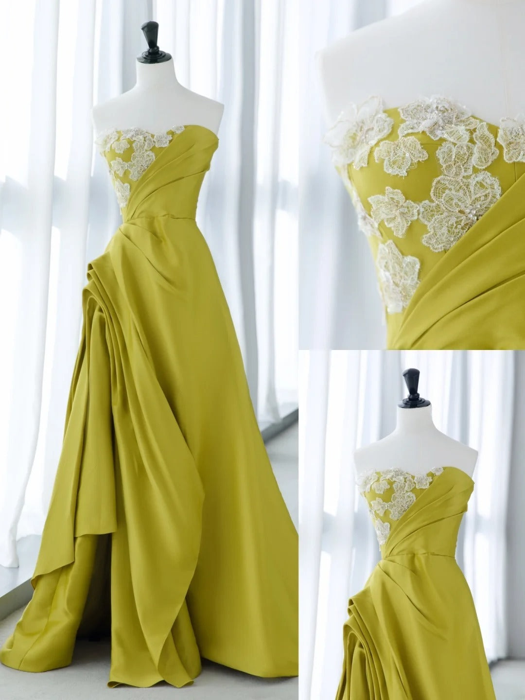 Simple Prom Dresses Long A Line Sweetheart Green Satin With Ruffles Slit Graduation Formal Dress MP253