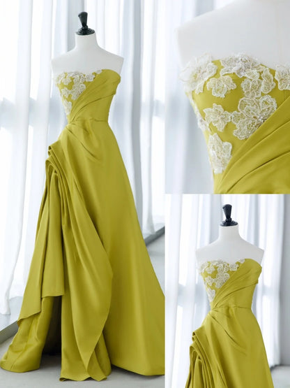 Simple Prom Dresses Long A Line Sweetheart Green Satin With Ruffles Slit Graduation Formal Dress MP253