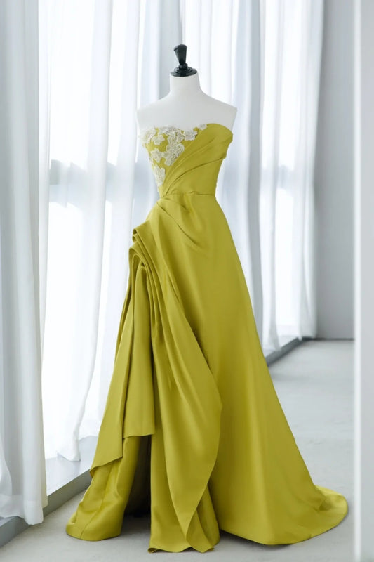Simple Prom Dresses Long A Line Sweetheart Green Satin With Ruffles Slit Graduation Formal Dress MP253