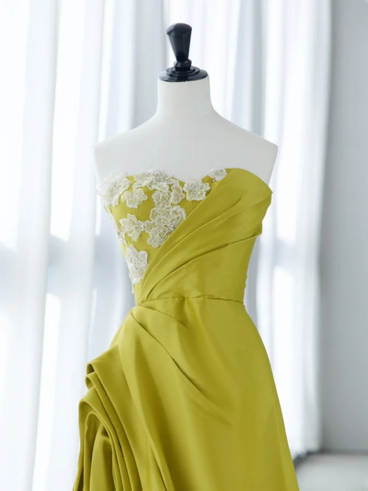 Simple Prom Dresses Long A Line Sweetheart Green Satin With Ruffles Slit Graduation Formal Dress MP253