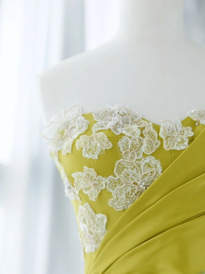 Simple Prom Dresses Long A Line Sweetheart Green Satin With Ruffles Slit Graduation Formal Dress MP253