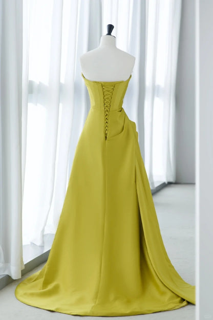 Simple Prom Dresses Long A Line Sweetheart Green Satin With Ruffles Slit Graduation Formal Dress MP253