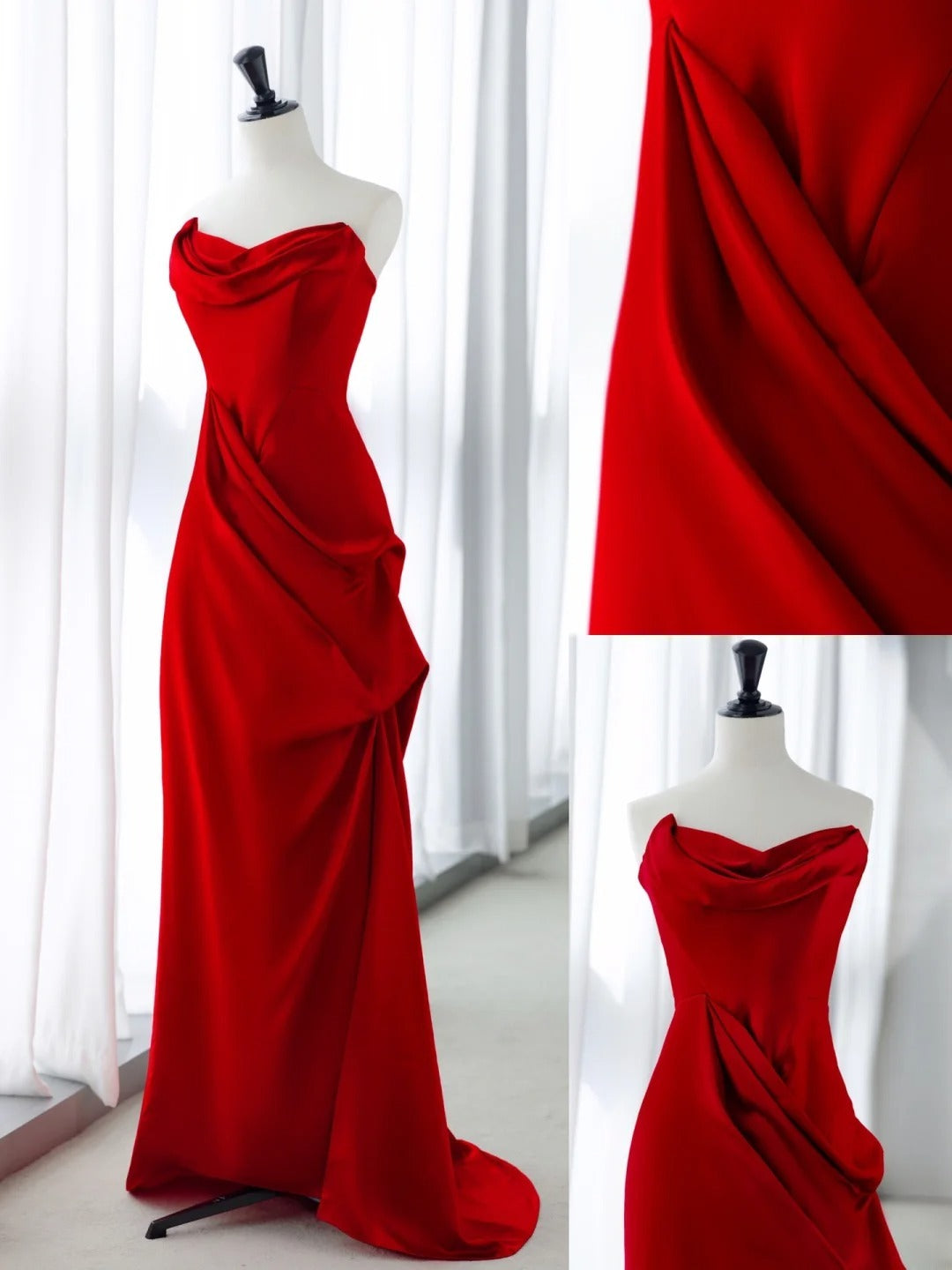 Simple Prom Dresses Long Mermaid Sweetheart Red Satin With Ruffles Graduation Formal Dress MP255