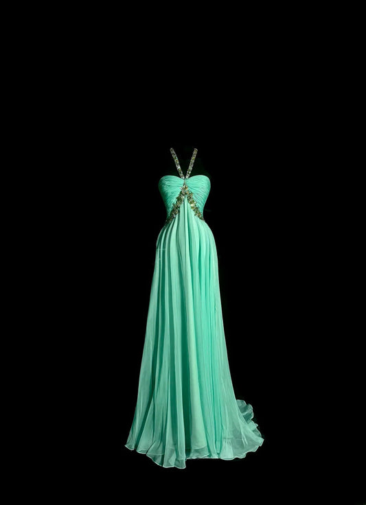 Vintage Long 80s Prom Dresses A line Halter Green Chiffon Formal Dresses Graduation Gown MP387