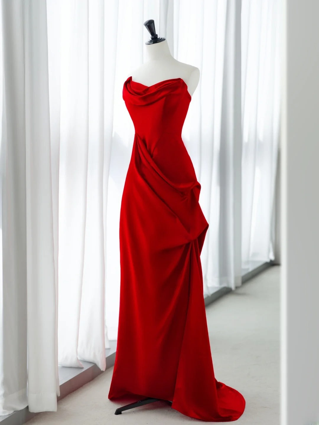 Simple Prom Dresses Long Mermaid Sweetheart Red Satin With Ruffles Graduation Formal Dress MP255