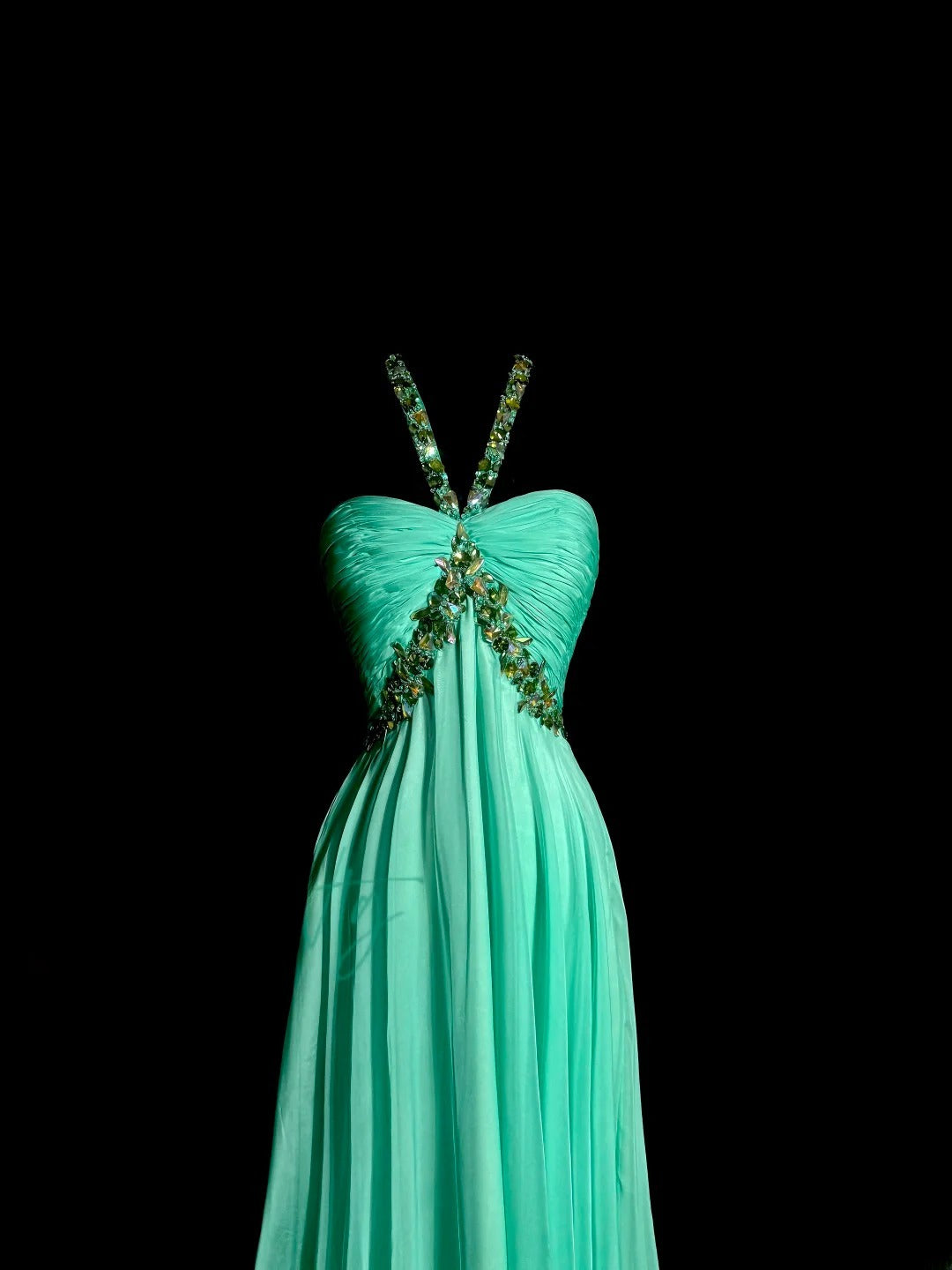 Longues robes de bal vintage des années 80, trapèze, dos nu, en mousseline de soie verte, robes de soirée, robe de remise de diplôme MP387