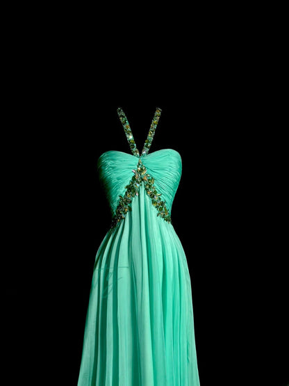 Longues robes de bal vintage des années 80, trapèze, dos nu, en mousseline de soie verte, robes de soirée, robe de remise de diplôme MP387
