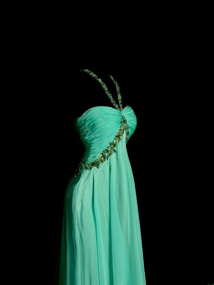 Longues robes de bal vintage des années 80, trapèze, dos nu, en mousseline de soie verte, robes de soirée, robe de remise de diplôme MP387