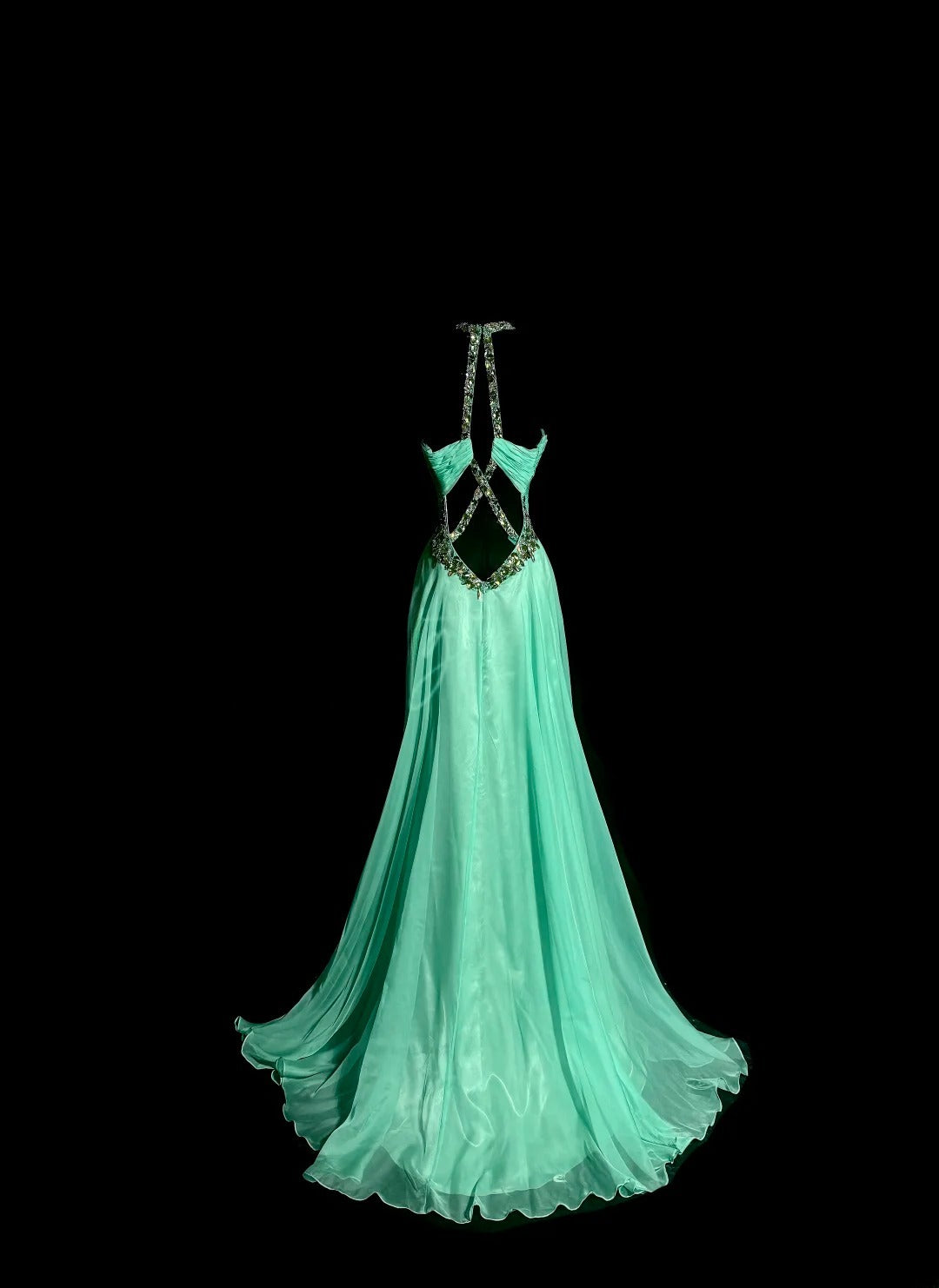 Longues robes de bal vintage des années 80, trapèze, dos nu, en mousseline de soie verte, robes de soirée, robe de remise de diplôme MP387