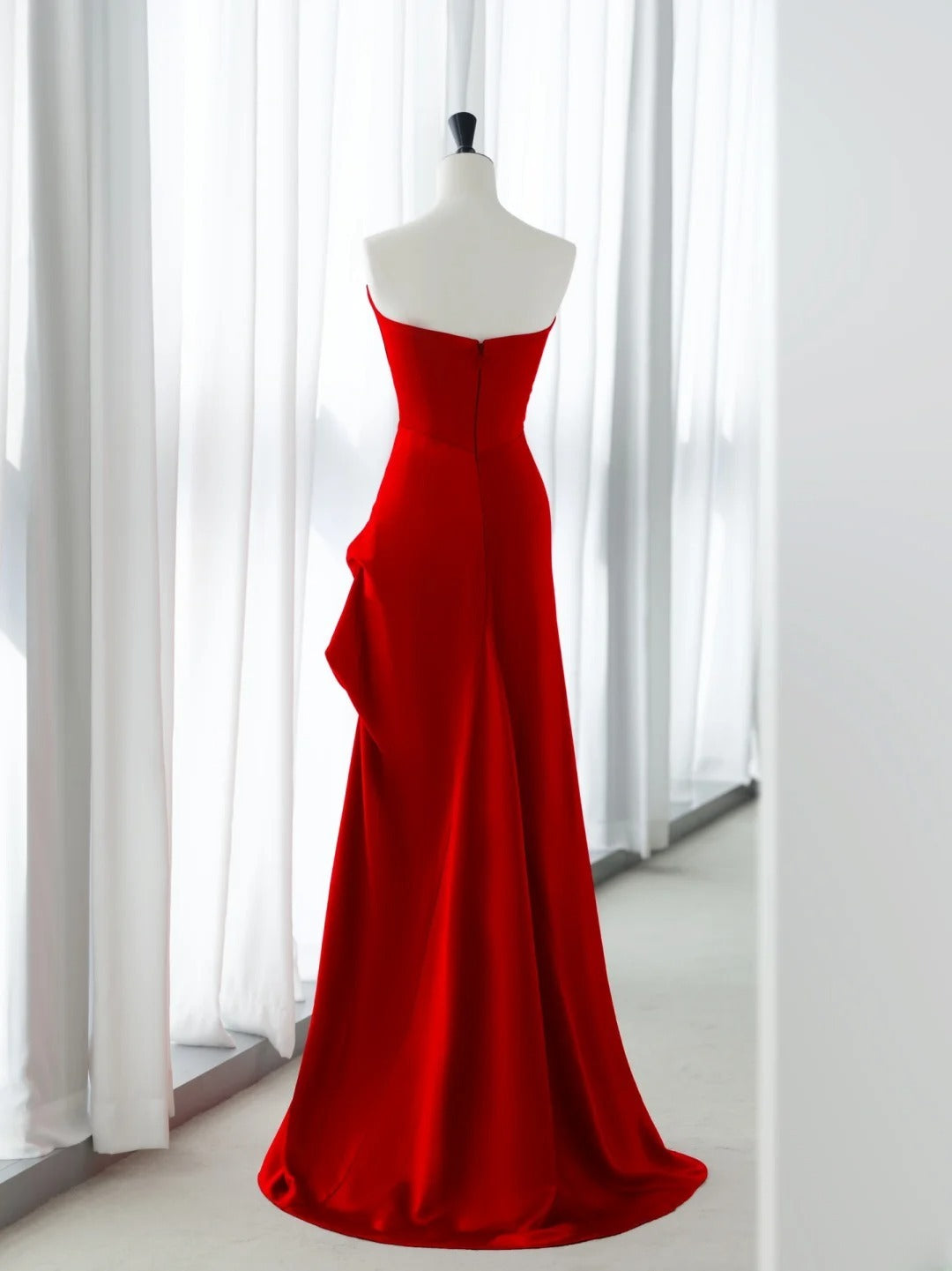 Simple Prom Dresses Long Mermaid Sweetheart Red Satin With Ruffles Graduation Formal Dress MP255