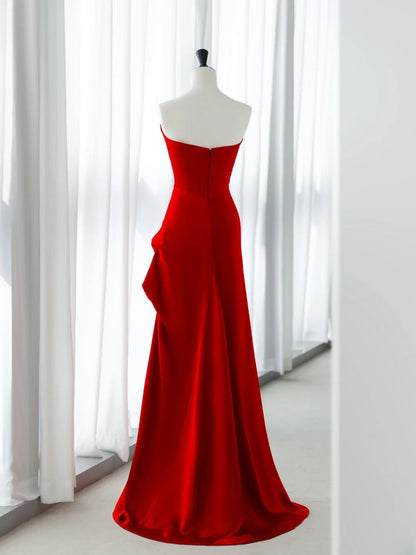 Simple Prom Dresses Long Mermaid Sweetheart Red Satin With Ruffles Graduation Formal Dress MP255