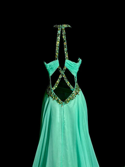 Longues robes de bal vintage des années 80, trapèze, dos nu, en mousseline de soie verte, robes de soirée, robe de remise de diplôme MP387