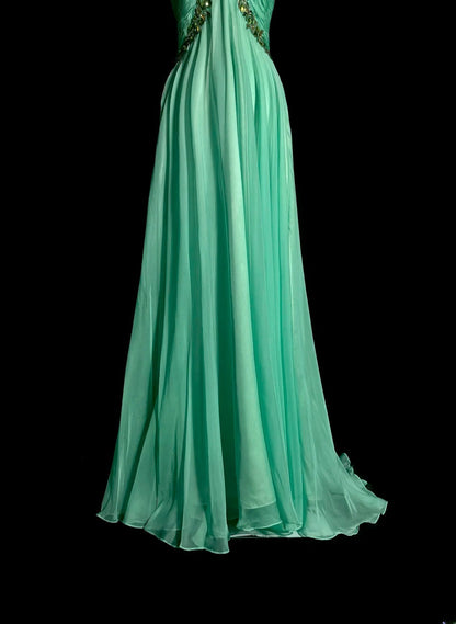 Longues robes de bal vintage des années 80, trapèze, dos nu, en mousseline de soie verte, robes de soirée, robe de remise de diplôme MP387