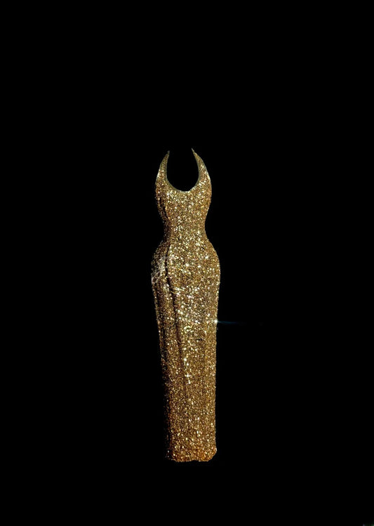 Sparkly Gold Prom Dresses Sheath Halter V Neck Long Formal Dresses Graduation Gown MP388