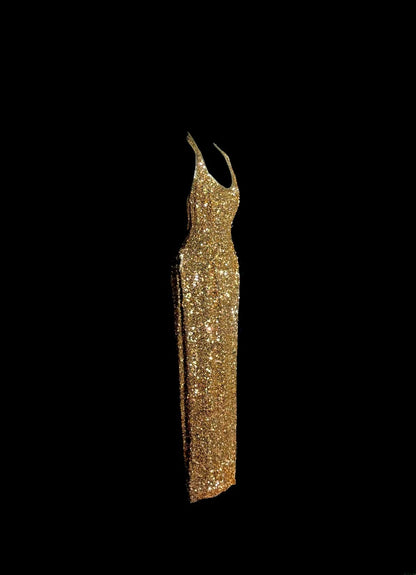 Sparkly Gold Prom Dresses Sheath Halter V Neck Long Formal Dresses Graduation Gown MP388