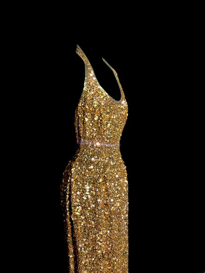 Sparkly Gold Prom Dresses Sheath Halter V Neck Long Formal Dresses Graduation Gown MP388