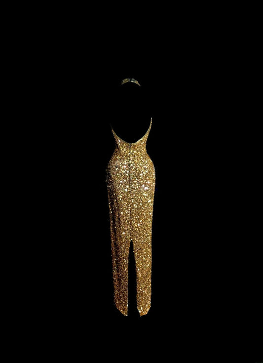 Sparkly Gold Prom Dresses Sheath Halter V Neck Long Formal Dresses Graduation Gown MP388