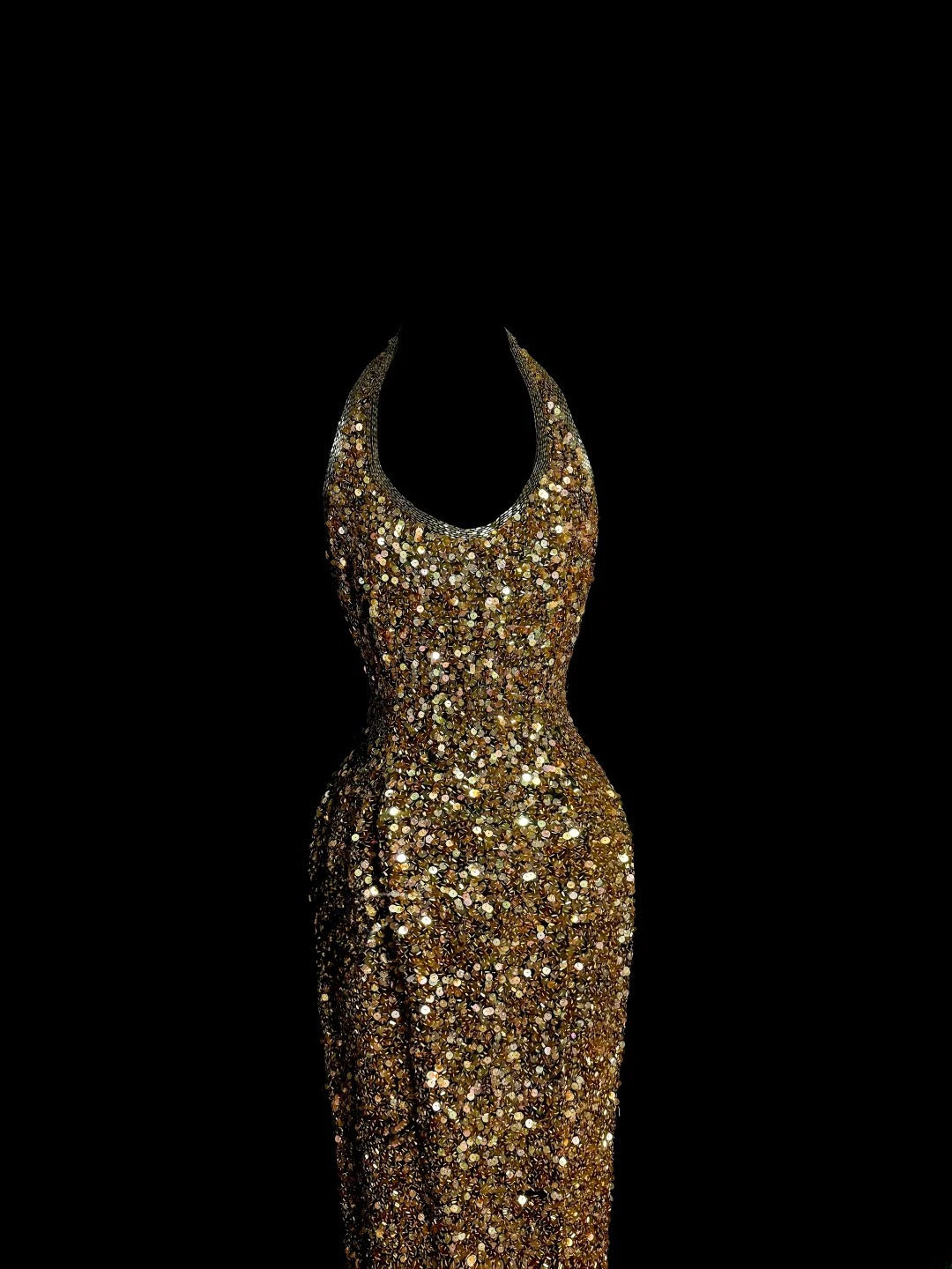 Sparkly Gold Prom Dresses Sheath Halter V Neck Long Formal Dresses Graduation Gown MP388