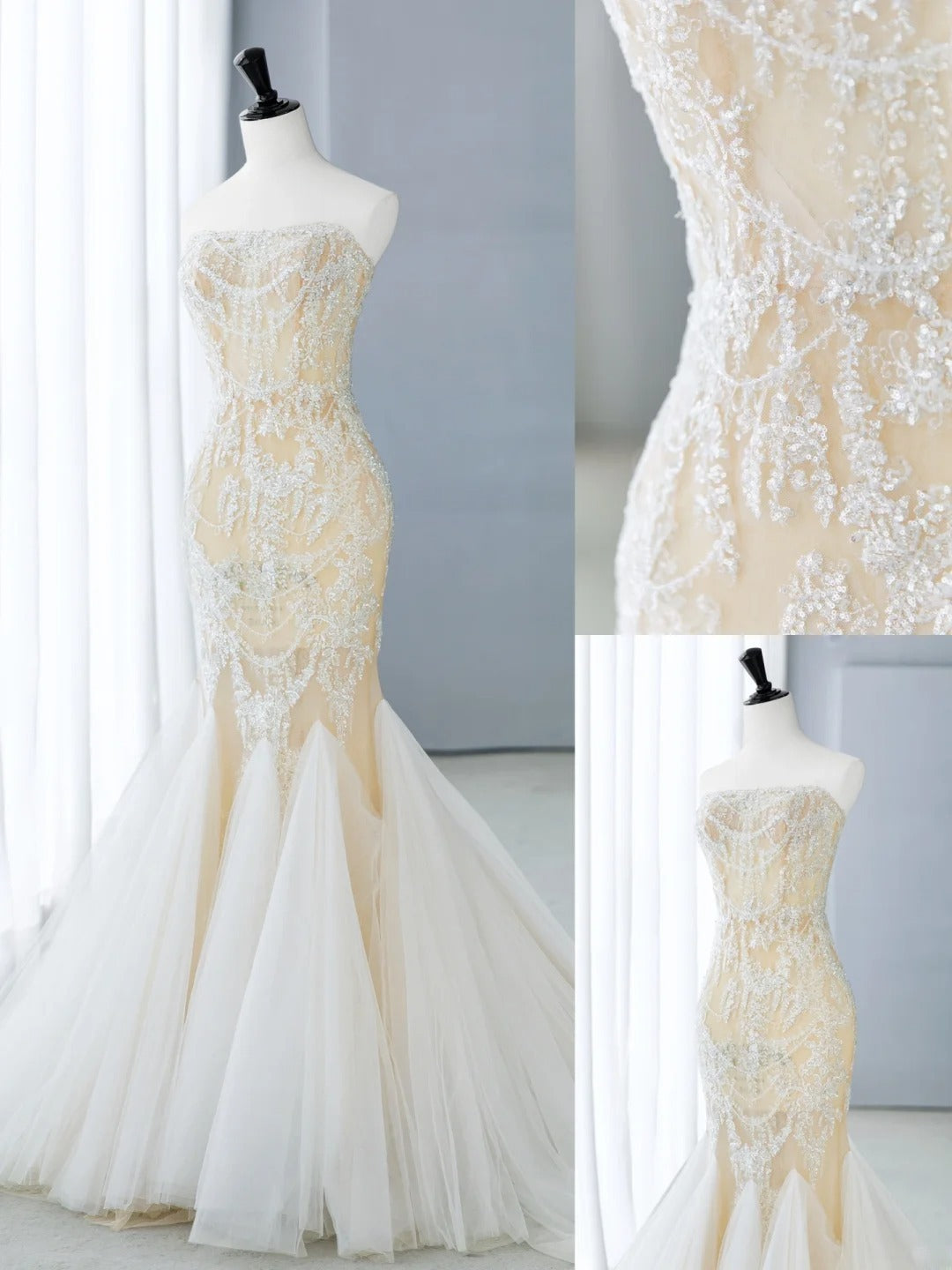 Elegant Mermaid Strapless White Tulle Lace Bodice Princess Bridal Gown Long Wedding Dresses MP257