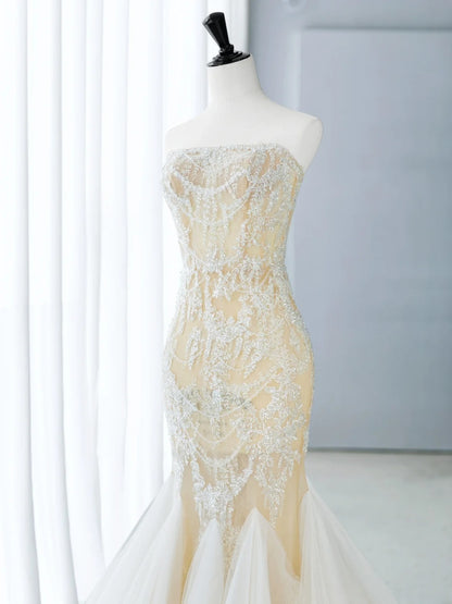 Elegant Mermaid Strapless White Tulle Lace Bodice Princess Bridal Gown Long Wedding Dresses MP257