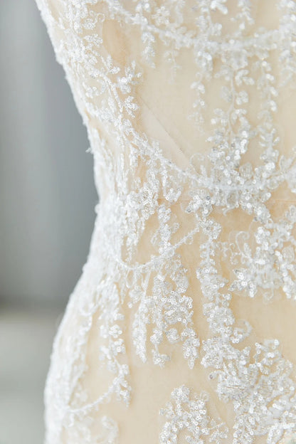 Elegant Mermaid Strapless White Tulle Lace Bodice Princess Bridal Gown Long Wedding Dresses MP257